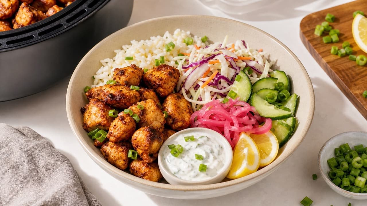Air fryer chicken rice bowl with cabbage and carrot slaw, cucumber, pickled red onion, scallions, lemon, and yogurt garlic sauce
