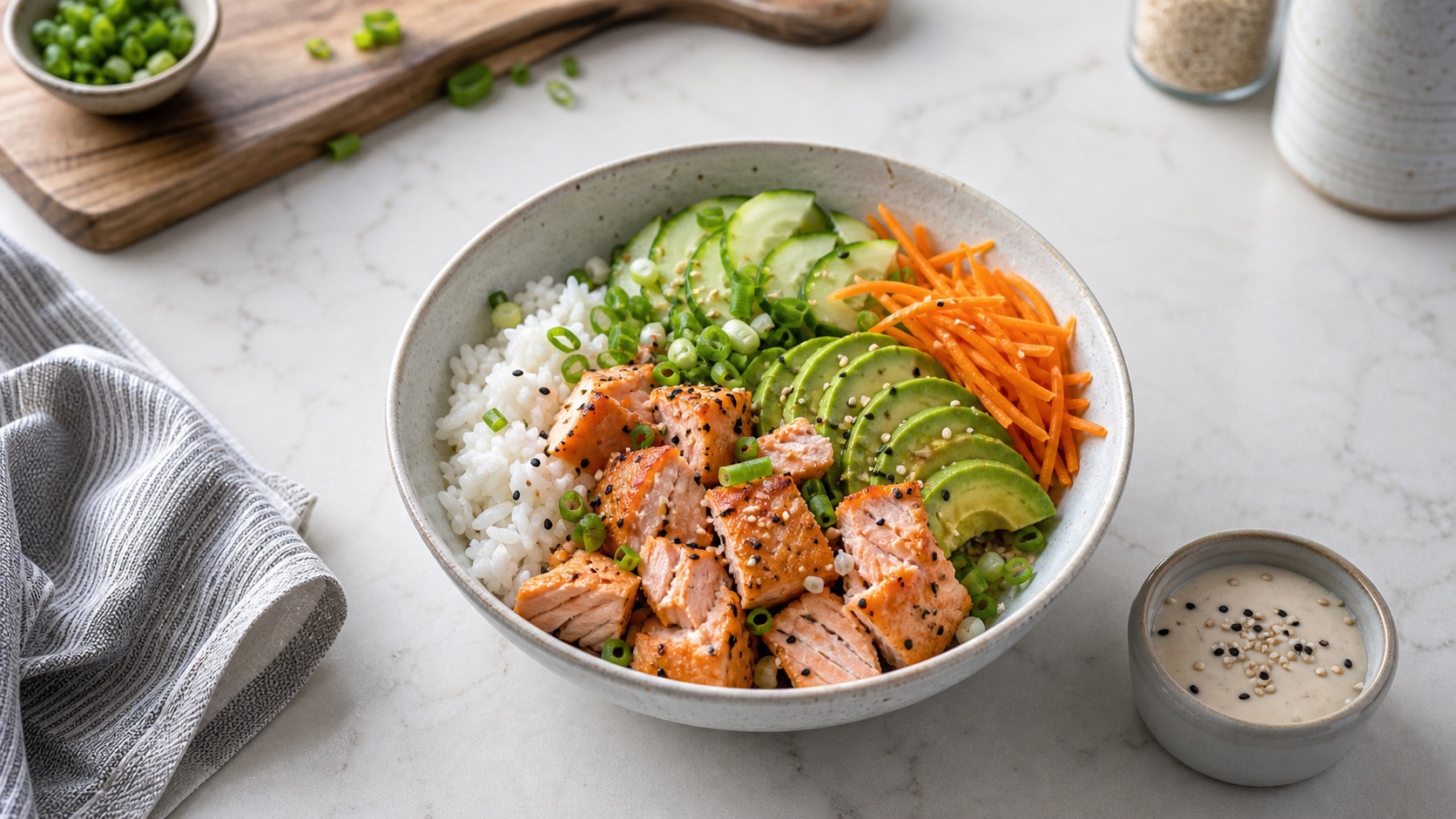 Air fryer salmon rice bowl with cucumber avocado carrots scallions and sesame sauce