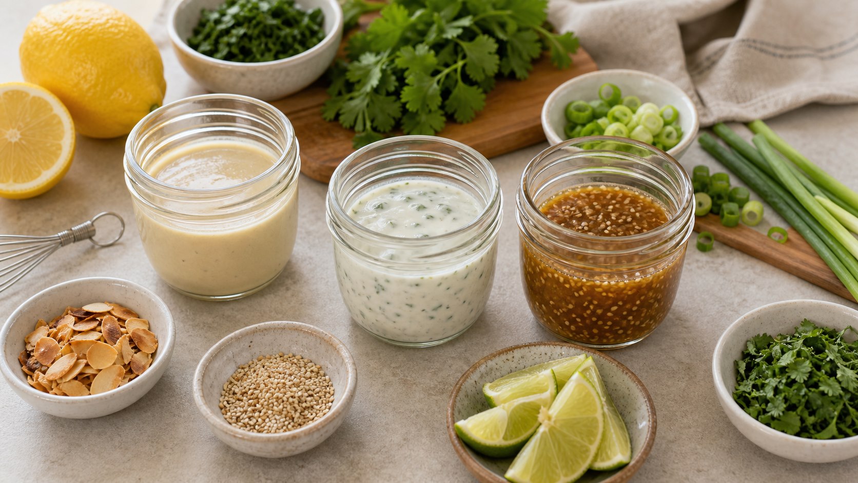 Small bowls of tahini, yogurt, sesame, chipotle, and vinaigrette sauces for meal prep bowls