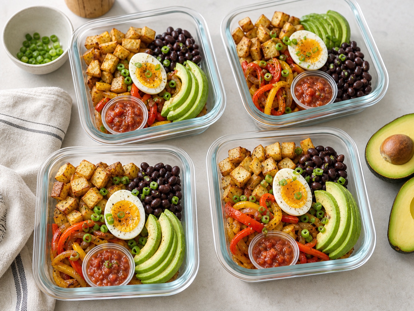 Breakfast egg and potato bowl with peppers and beans