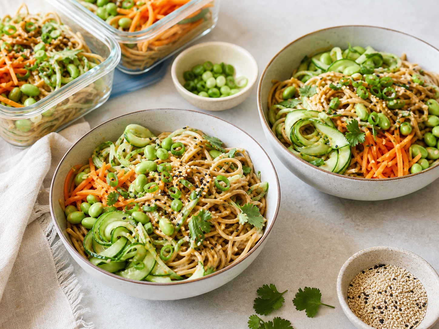 Cold sesame noodle bowl with vegetables and herbs