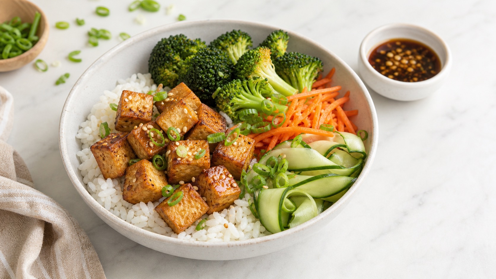 Crispy tofu rice bowl with broccoli carrots cucumber scallions and ginger soy dressing