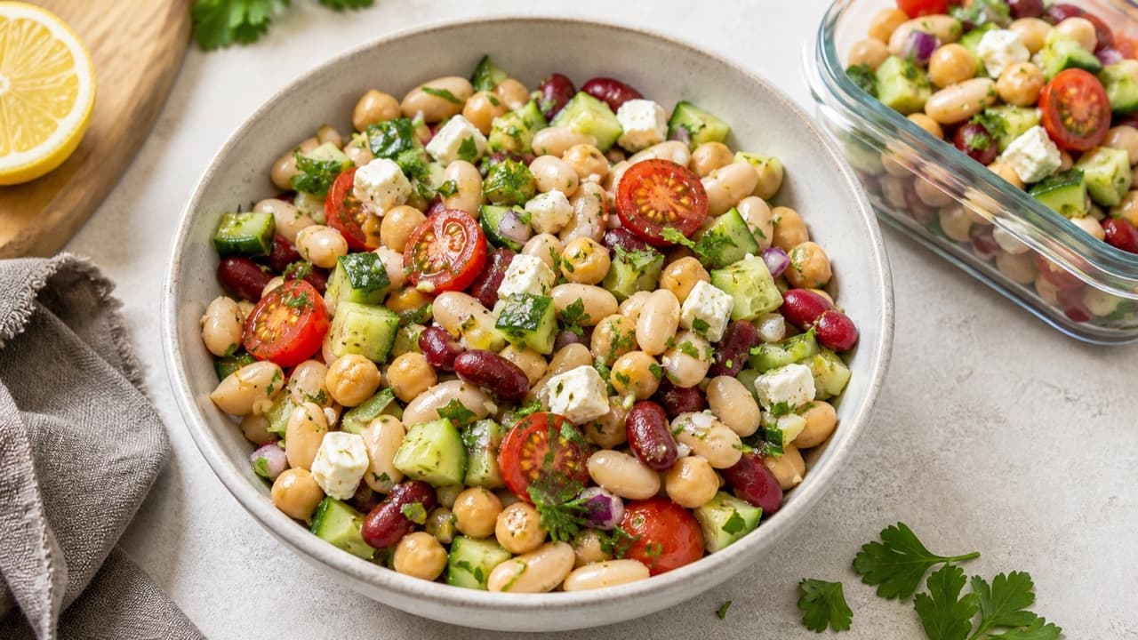 Three-bean salad bowl with cucumber, tomatoes, red onion, feta, parsley, and lemon