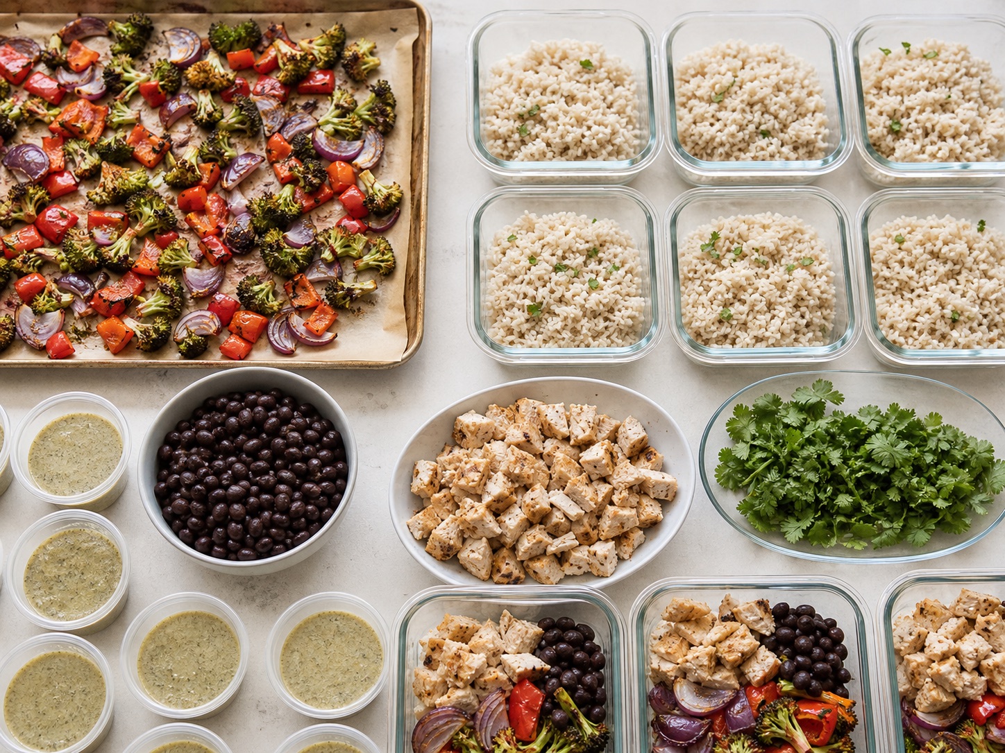 Freezer-friendly rice bowls packed for meal prep