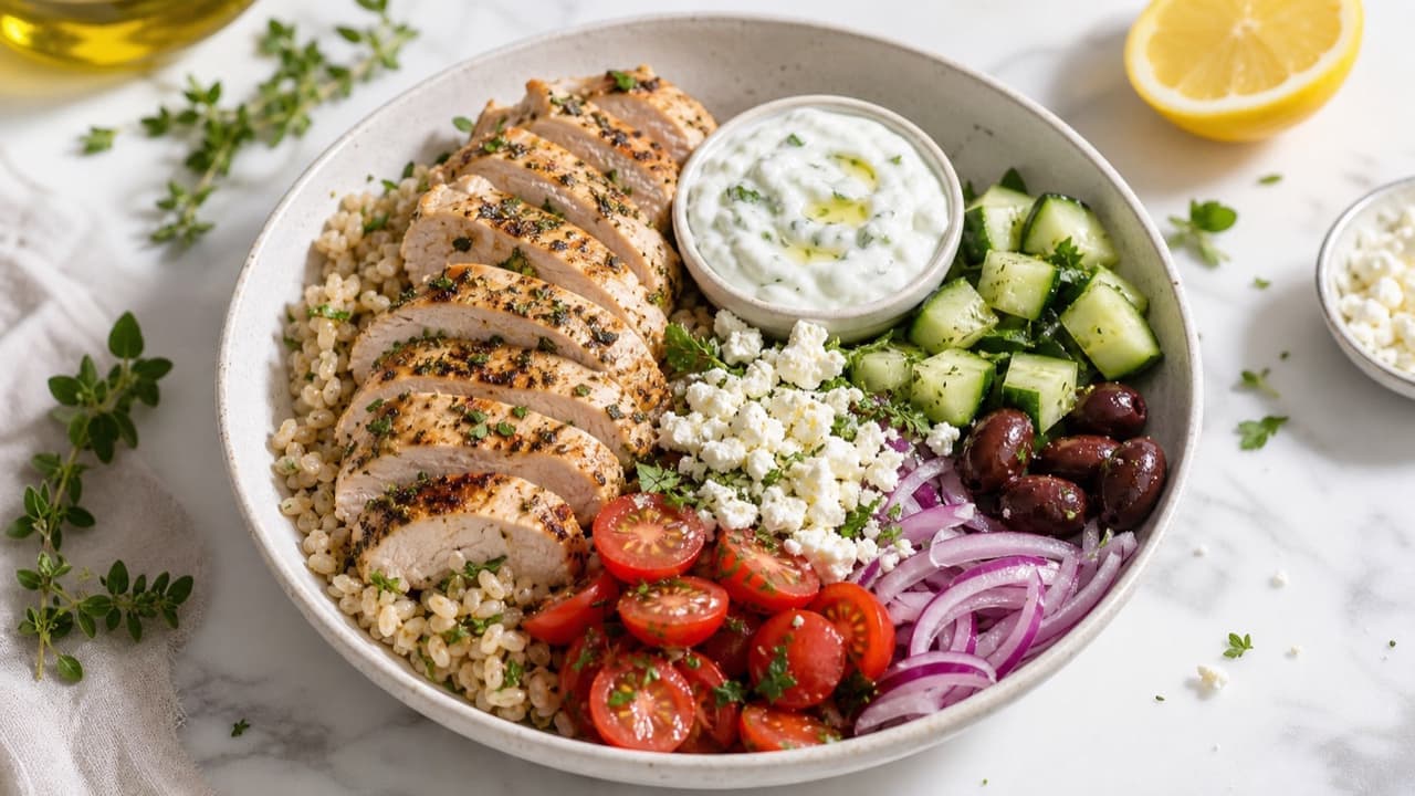 Greek-inspired chicken orzo bowl with cucumber tomatoes red onion olives feta herbs and homemade tzatziki