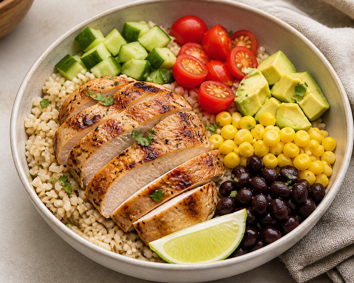 Grilled chicken rice bowl with beans and vegetables
