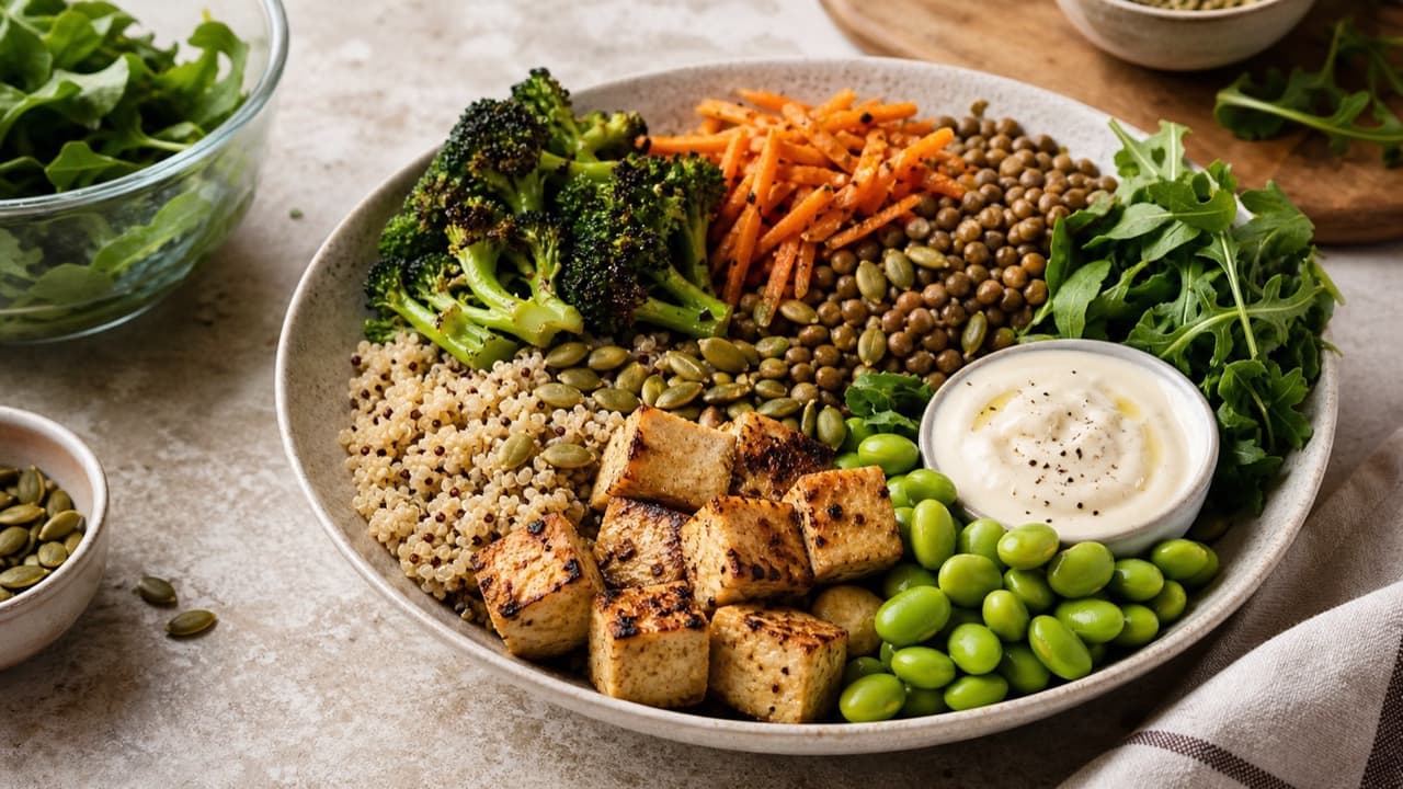 Tofu quinoa bowl with lentils, edamame, broccoli, carrots, arugula, pumpkin seeds, and creamy sauce