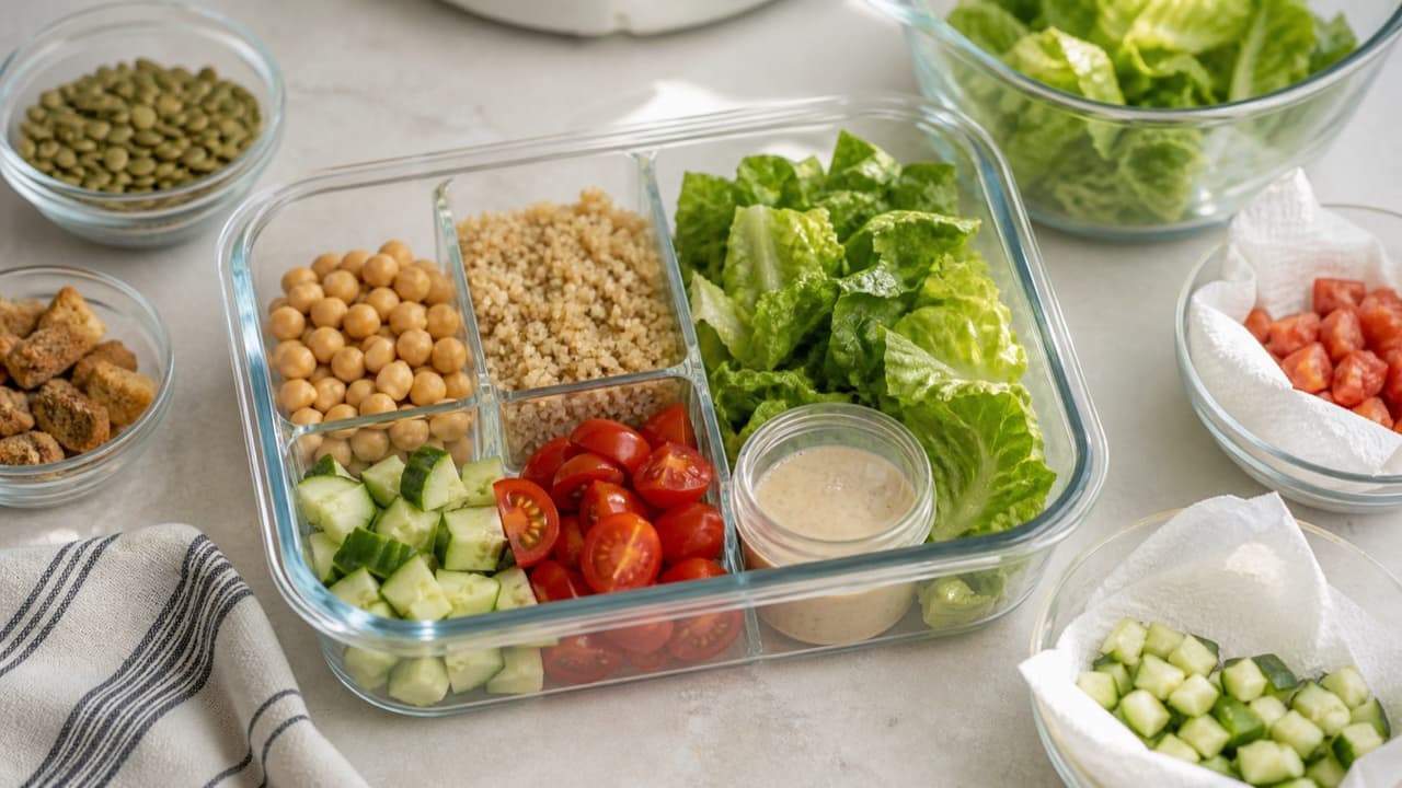 Divided meal prep salad with romaine, quinoa, chickpeas, cucumber, tomatoes, and an open dressing cup, with crunchy toppings kept outside
