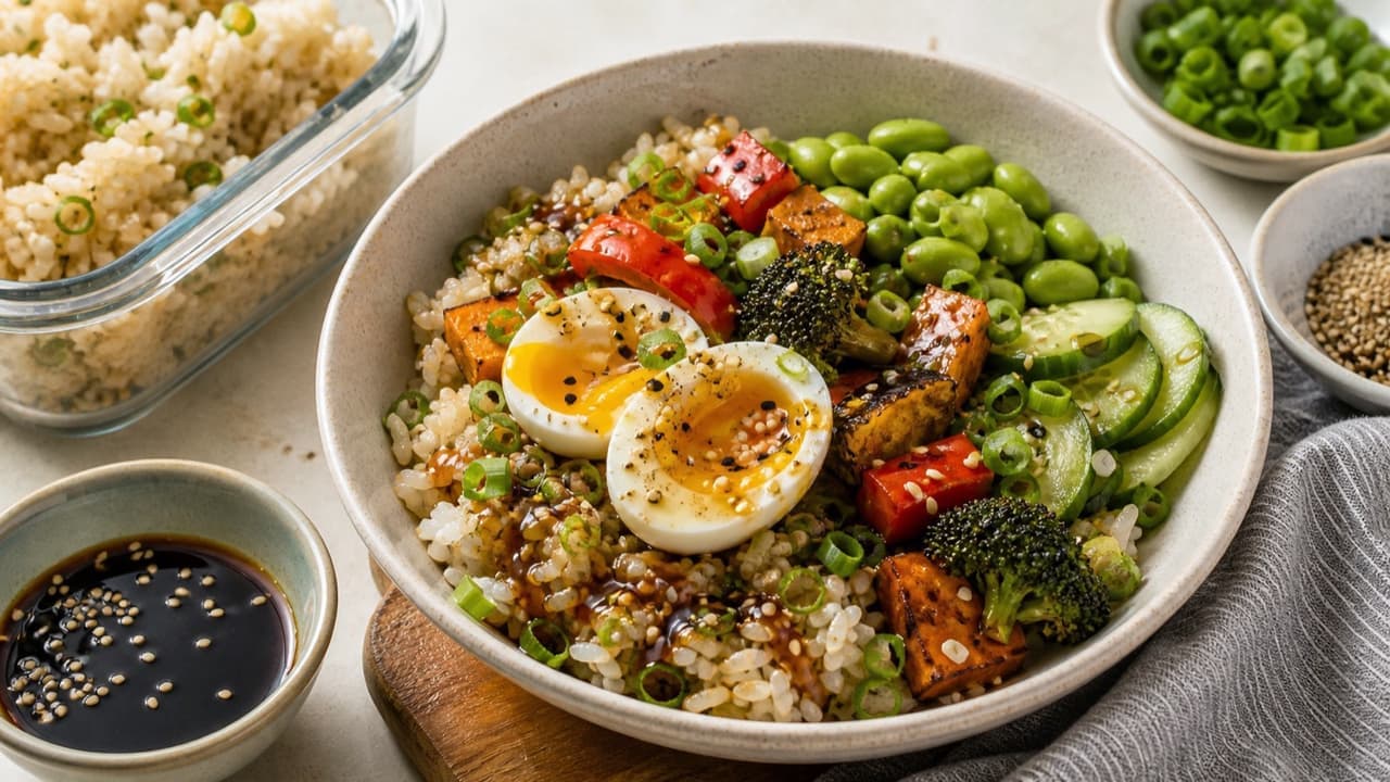 Leftover rice bowl with tofu, egg, edamame, roasted broccoli and red pepper, cucumber, scallions, sesame, and a dark sauce