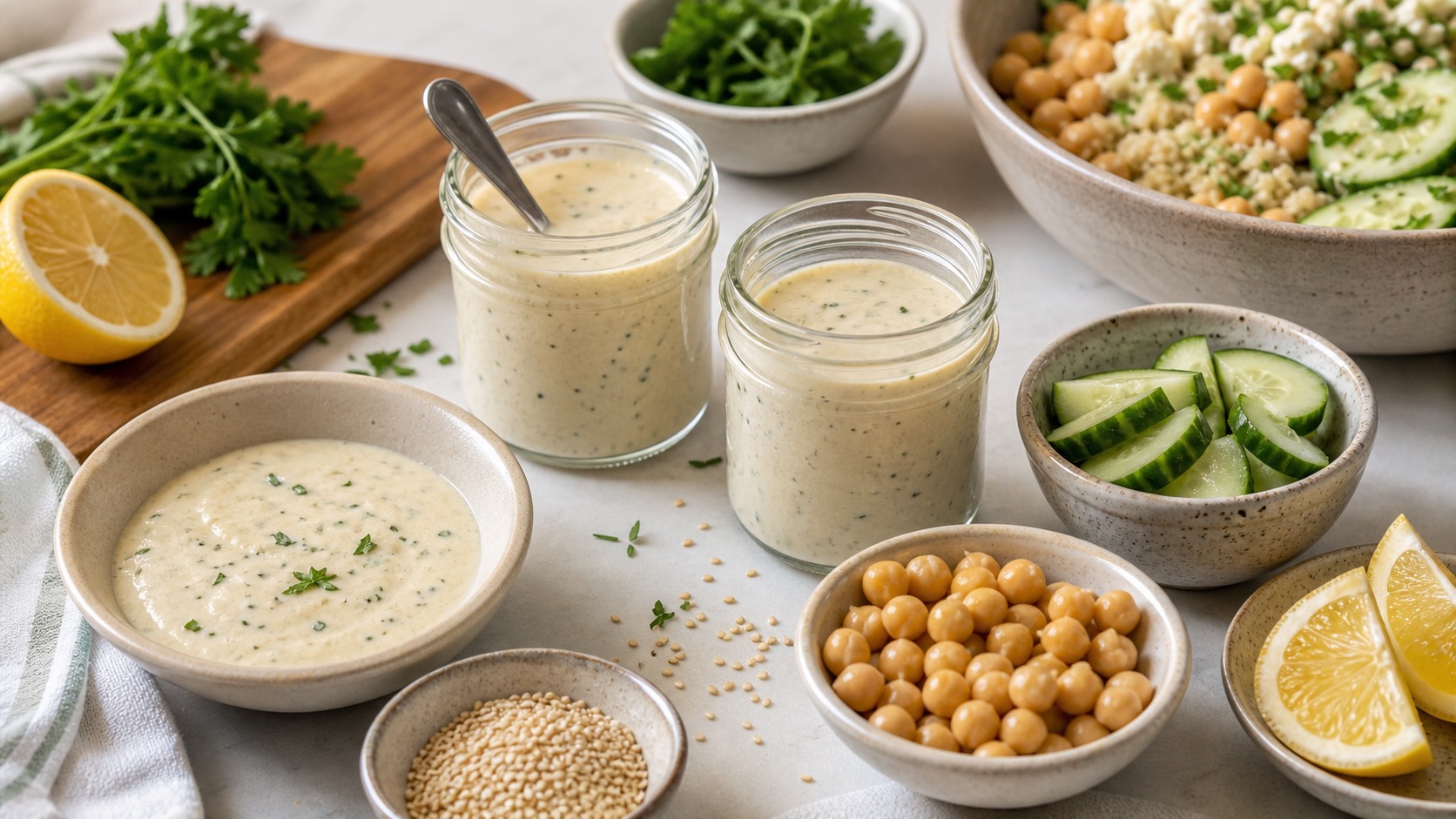 Lemon tahini dressing in jars with chickpeas cucumber herbs lemon wedges and grain bowl ingredients