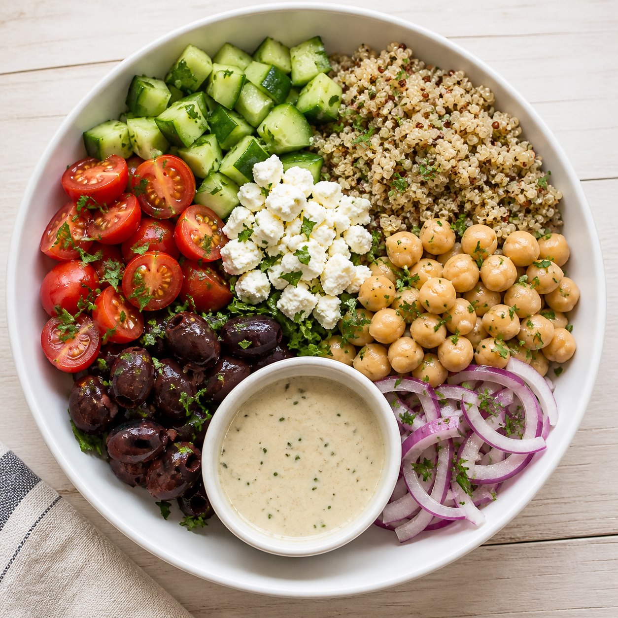Greek chicken lunch bowl with cucumber tomato and yogurt sauce