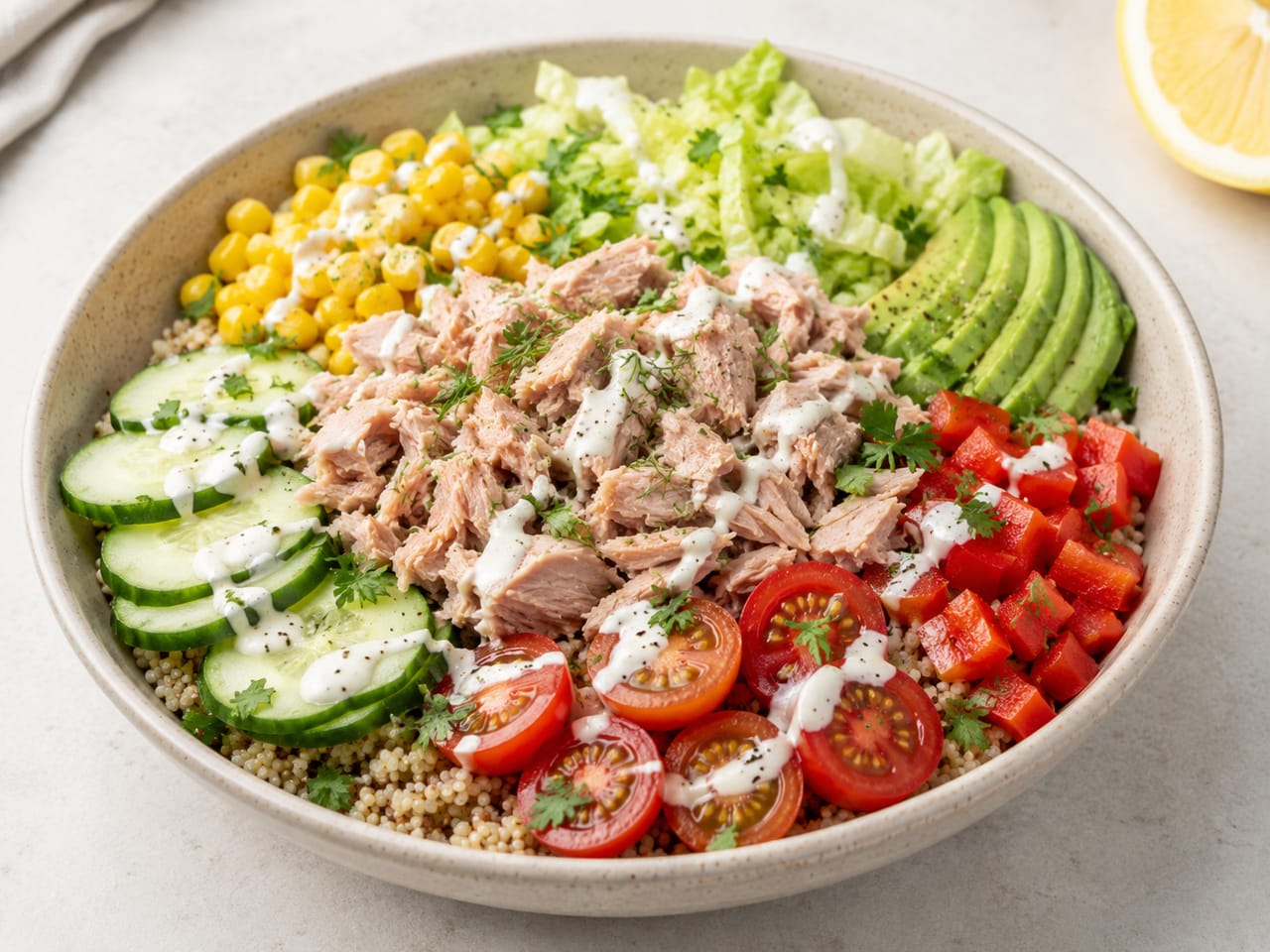 No-cook tuna quinoa bowl with cucumber, tomatoes, corn, red pepper, romaine, avocado, and lemon yogurt sauce