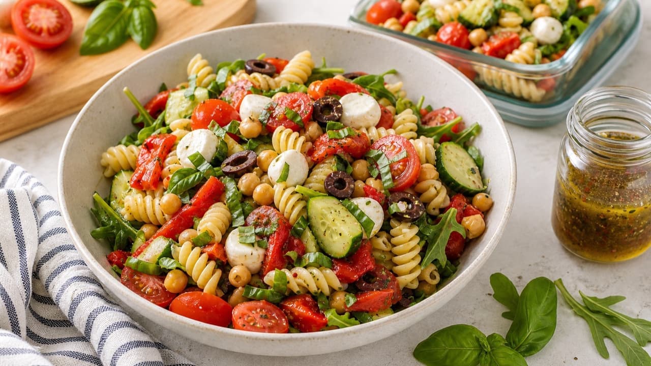 Rotini pasta salad with chickpeas, mozzarella pearls, cucumber, tomatoes, red pepper, arugula, olives, basil, and vinaigrette