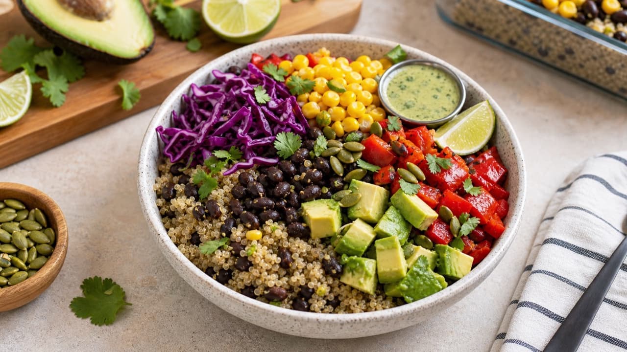 Quinoa black bean bowl with corn, cabbage, red pepper, avocado, cilantro, lime, seeds, and green sauce