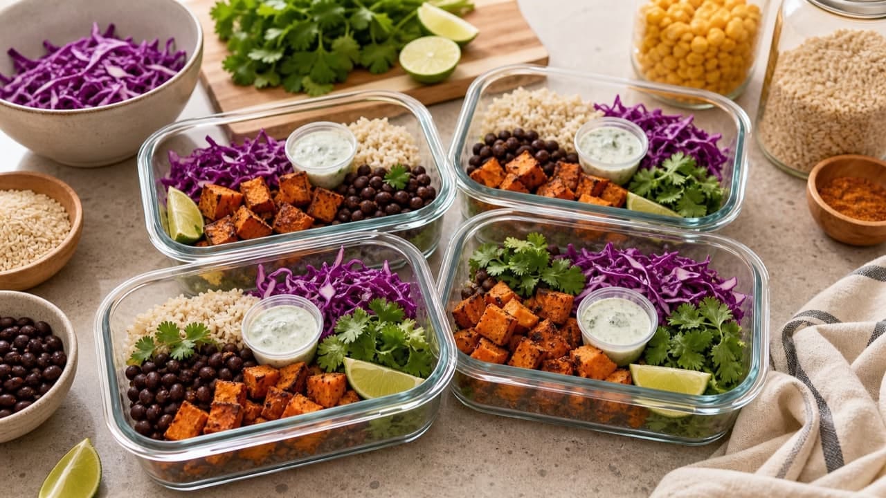 Four meal prep containers with roasted sweet potato, black beans, rice, red cabbage, cilantro, lime, and yogurt sauce