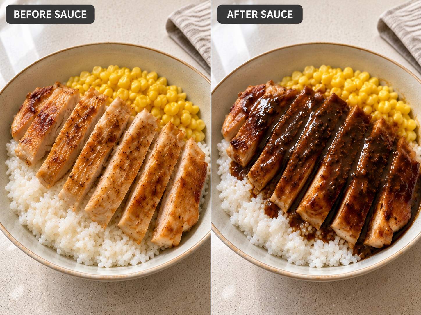 Side-by-side white rice and chicken bowl before and after black pepper sauce is added