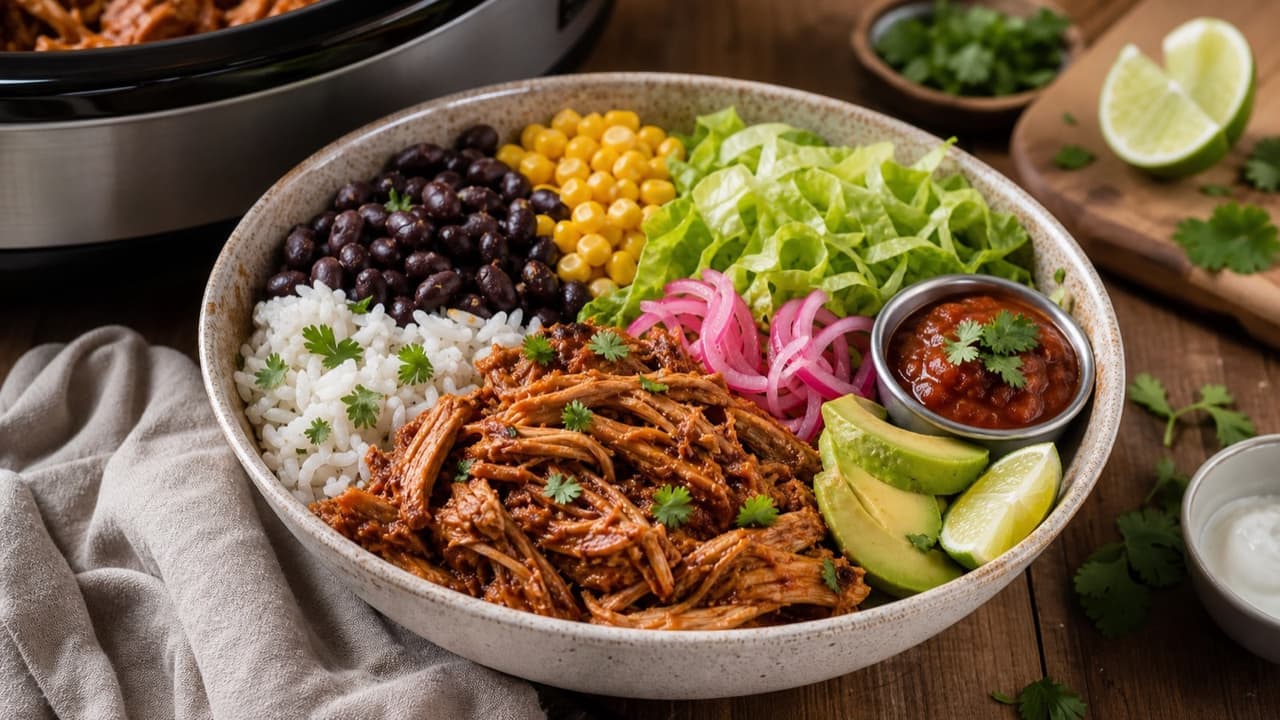 Slow cooker pulled chicken bowl with white rice, black beans, corn, romaine, pickled red onions, avocado, cilantro, lime, and red salsa