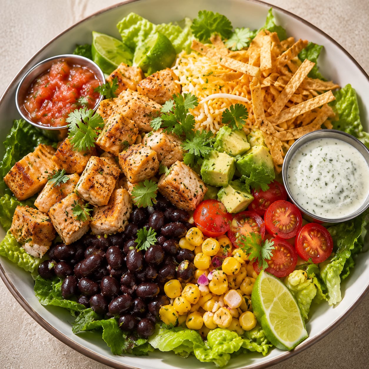 Taco salad bowl with seasoned chicken, black beans, corn, romaine, tomatoes, avocado, cheese, tortilla strips, salsa, lime, and yogurt sauce