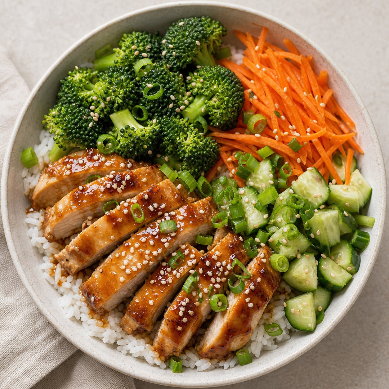 Teriyaki chicken rice bowl with broccoli and carrots