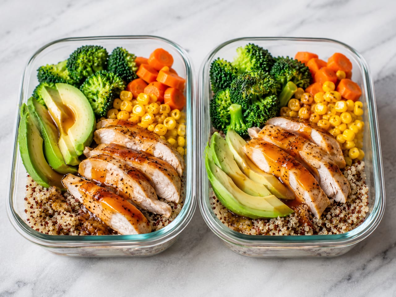 Two chicken quinoa meal prep containers with broccoli, carrots, corn, avocado, and brown sauce