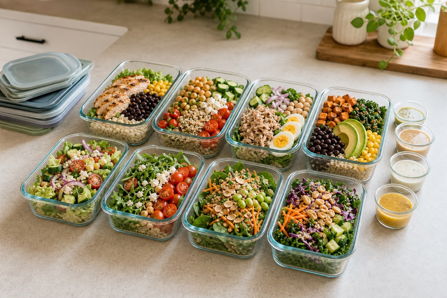 No-cook summer bowl ingredients packed in meal prep containers
